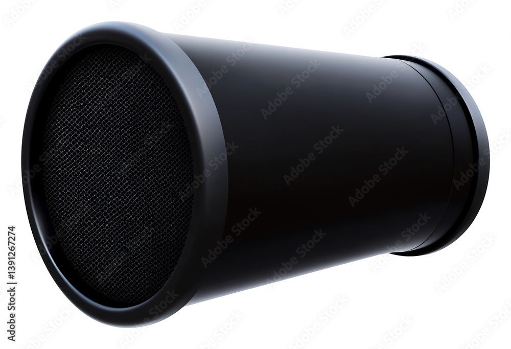 Sleek black cylindrical speaker boasts powerful sound subtly diffused light. AI Generated Sleek black cylindrical speaker boasts powerful sound subtly diffused light. AI Generated