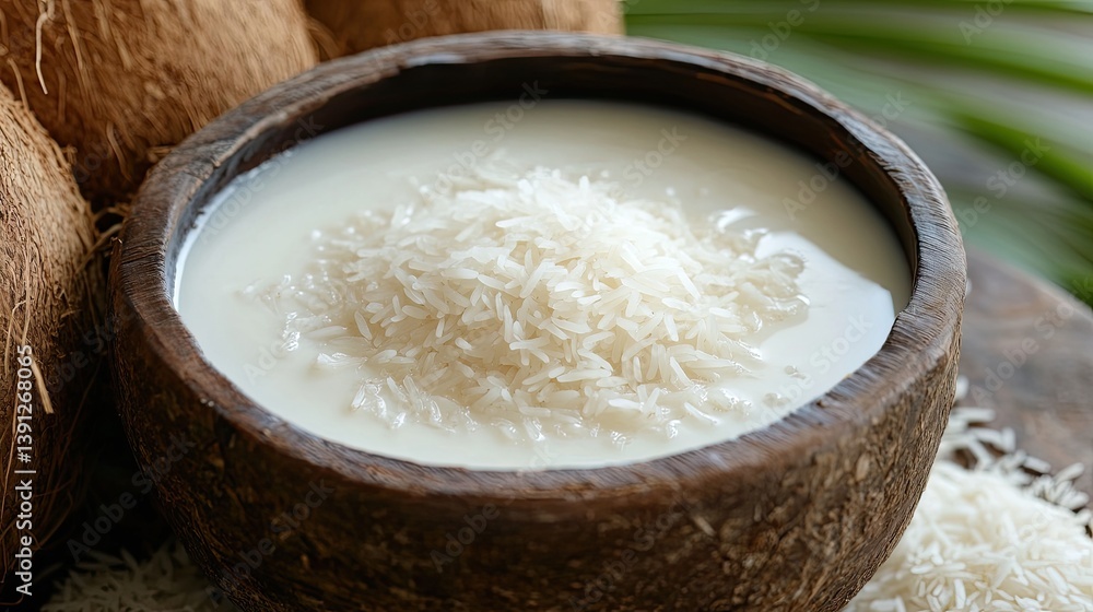 Coconut milk gently folding into rice flour in a rustic stoneware bowl Coconut milk gently folding into rice flour in a rustic stoneware bowl
