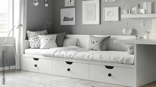 Cozy and modern sleeping space with organized underbed drawers and slimline desk