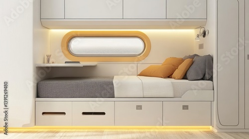 Cozy and modern sleeping space with organized underbed drawers and slimline desk