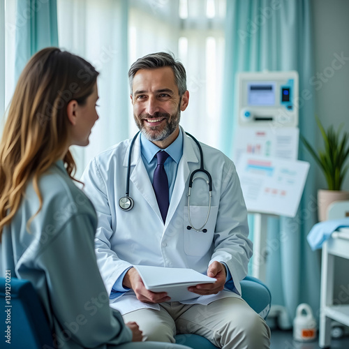 A doctor in a white coat examining a patient in a clean, well-lit hospital room.