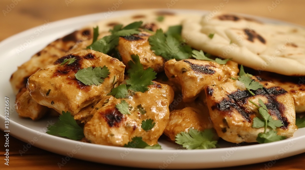 Plate of flavorful butter chicken served with naan bread and garnished with fresh cilantro Plate of flavorful butter chicken served with naan bread and garnished with fresh cilantro