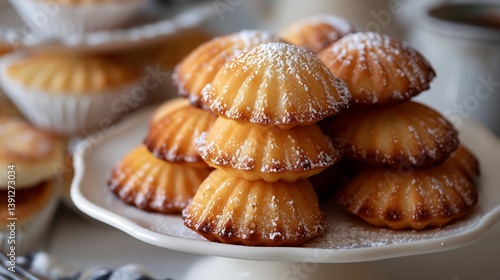 French madeleines shell shaped sponge cakes stacked neatly a white tray