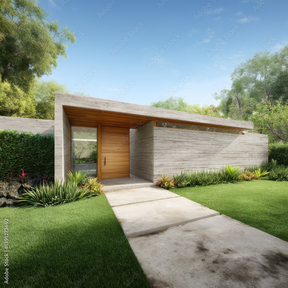 Naklejka premium Serene Modern Home Exterior with Concrete Walls Wood Doorway and Lush Green Lawn Under a Bright Blue Sky