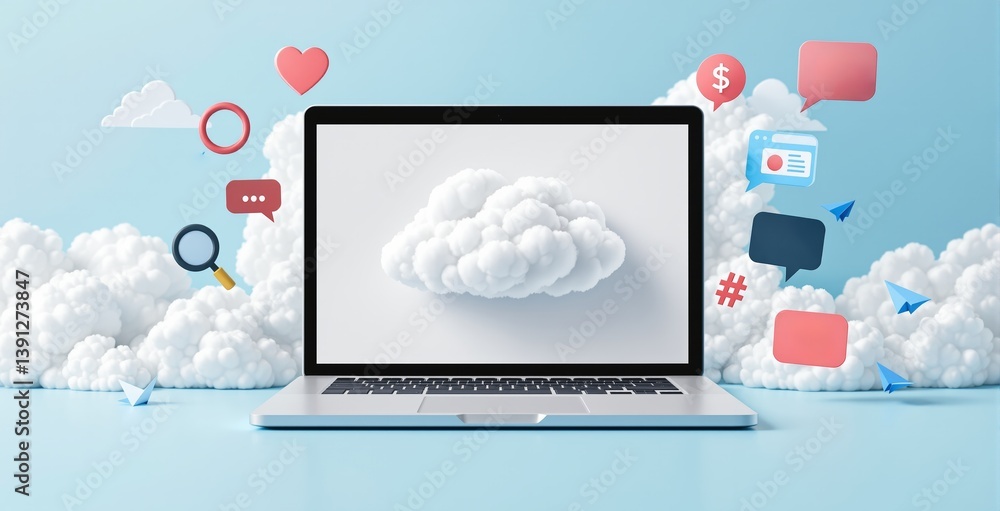 Laptop with cloud on screen surrounded by chat bubbles, media icons, and symbols in a creative style on a blue background. Concept of cloud communication. Ai generative Laptop with cloud on screen surrounded by chat bubbles, media icons, and symbols in a creative style on a blue background. Concept of cloud communication. Ai generative