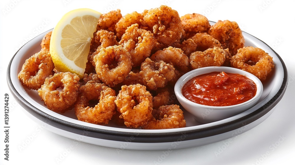 Plate of golden fried calamari served with marinara dipping sauce and a wedge of lemon