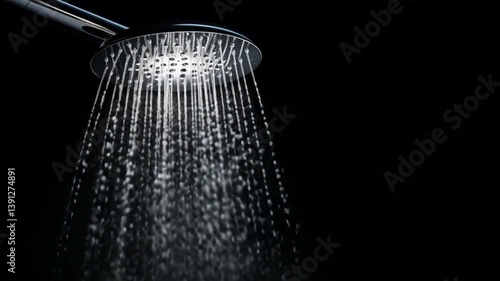 Shower head with flowing water: The image shows water gracefully cascading from a shower head, creating a captivating display of droplets against a stark background.