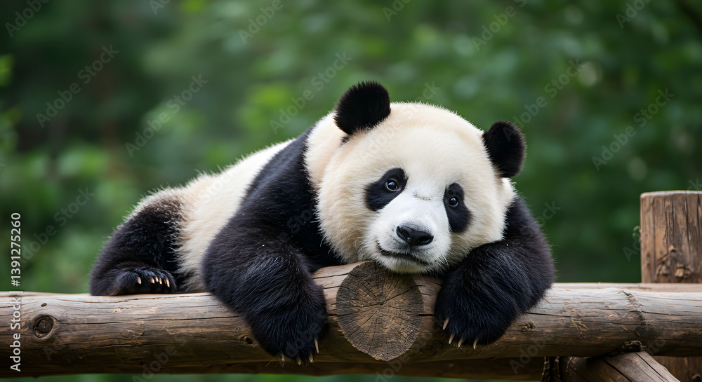 Naklejka premium A cute baby panda lounges on a rustic wooden