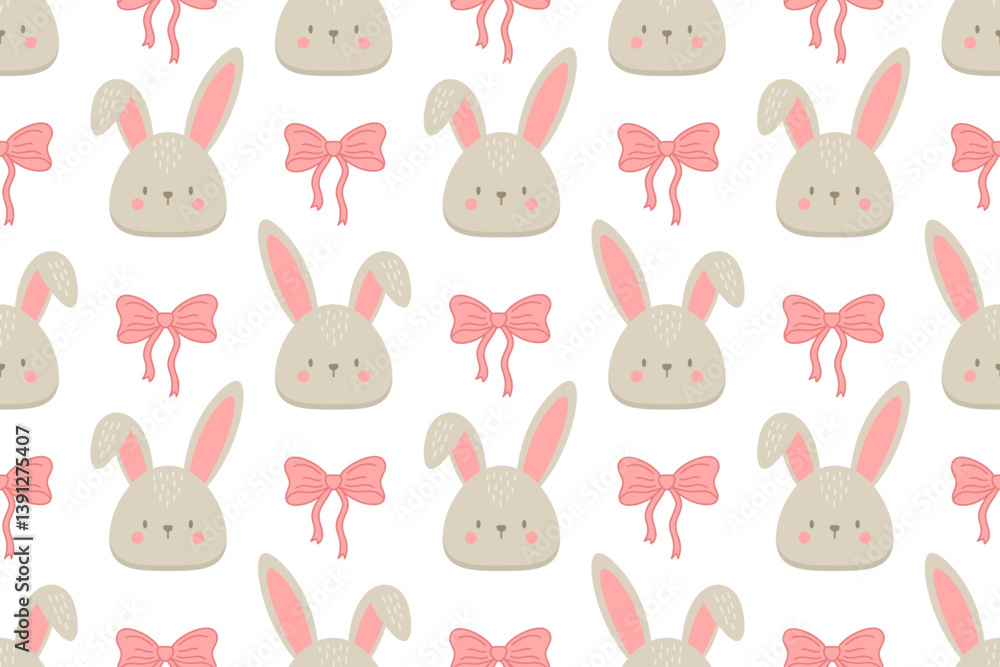 eamless Easter pattern with cute bunny faces and pink bows on white background. Perfect for baby textiles, nursery decor, and holiday-themed designs eamless Easter pattern with cute bunny faces and pink bows on white background. Perfect for baby textiles, nursery decor, and holiday-themed designs
