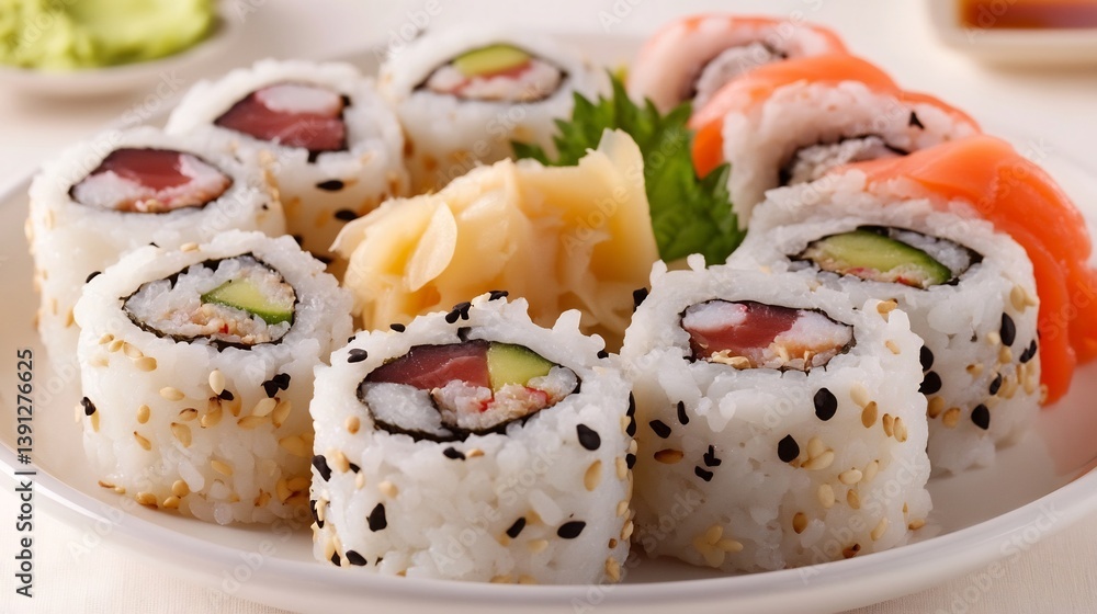 Plate of sushi rolls with assorted fillings garnished with wasabi and pickled ginger Plate of sushi rolls with assorted fillings garnished with wasabi and pickled ginger