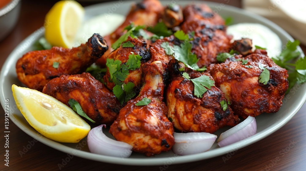 Plate of tandoori chicken marinated in yogurt and spices served with lemon wedges and onions Plate of tandoori chicken marinated in yogurt and spices served with lemon wedges and onions