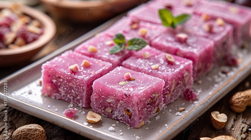 Georgian churchkhela grape juice nut candy sliced on a clean white ceramic tray Georgian churchkhela grape juice nut candy sliced on a clean white ceramic tray