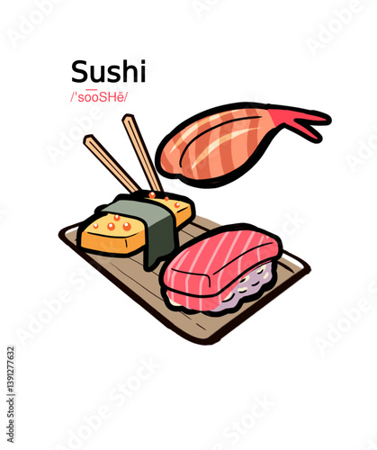 Cute Sushi Set Illustration with Chopsticks and Phonetic Spelling