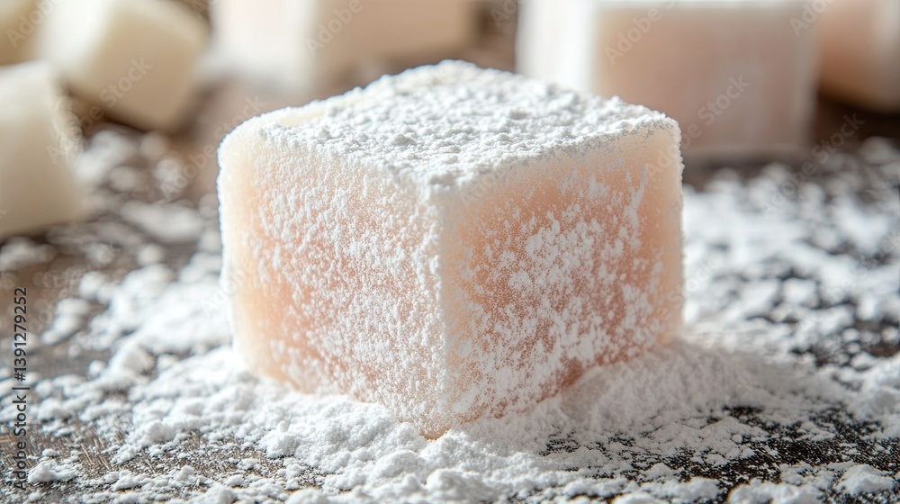 A piece of Turkish delight dusted with powdered sugar. A piece of Turkish delight dusted with powdered sugar.