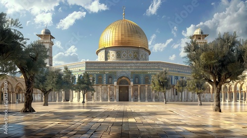 Dome of the rock mosque Israa and Miraj, also known as Al-Isra wal Mi'raj, which depicts the Prophet Muhammad's nighttime ascent to heaven under a clear blue sky, Generative AI.