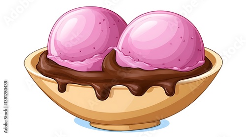 Two scoops of pink ice cream on chocolate sauce in bowl