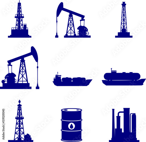  Set of blue oil related icons featuring various items such as oil barrels, 