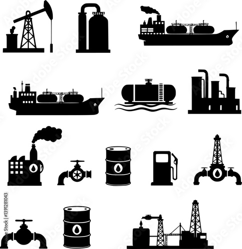 A set of black and white oil related icons featuring various items such as oil barrels, and trucks 