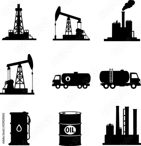 A set of black and white oil related icons featuring various items such as oil barrels, and trucks 