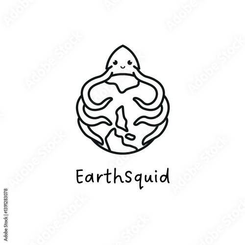 Cute Squid Hug Earth Outline Logo Design