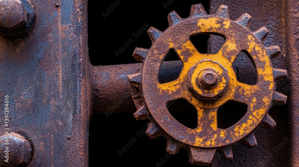 Close-up of a rusty yellow cogwheel against a weathered metal background, showcasing industrial decay Close-up of a rusty yellow cogwheel against a weathered metal background, showcasing industrial decay
