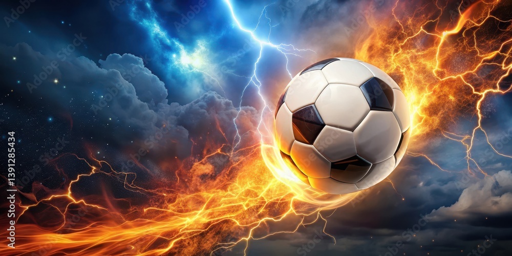 Fototapeta premium Soccer ball engulfed in flames with lightning streaking across the night sky, amidst a backdrop of dark clouds and stars
