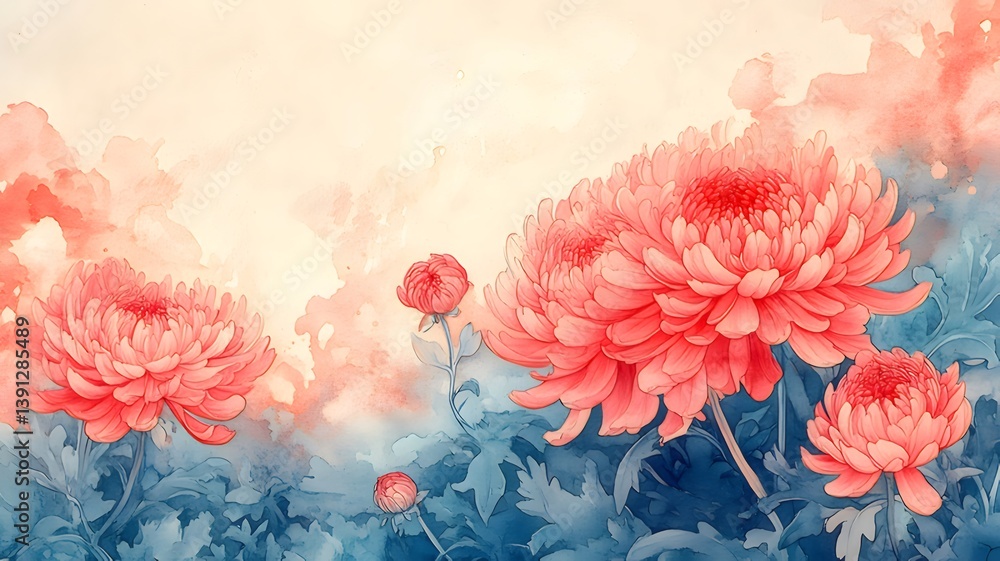 custom made wallpaper toronto digitalDetailed Watercolor Painting of Red Chrysanthemums Against a Light Background