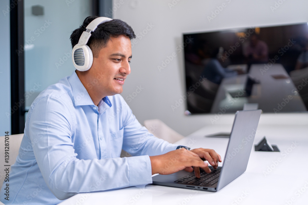 Focused employee working remotely in coworking space using headphones and laptop Focused employee working remotely in coworking space using headphones and laptop