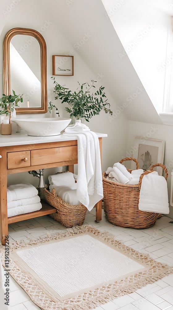 A bright and airy bathroom with rustic decor elements