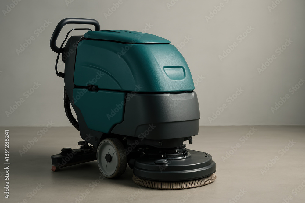 Modern industrial floor scrubber machine on clean surface, focusing on efficiency and durability Modern industrial floor scrubber machine on clean surface, focusing on efficiency and durability