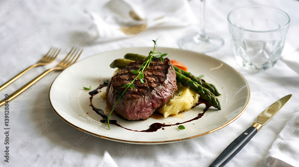 Elegant Beef Tenderloin Steak with Asparagus, Mashed Potatoes, and Red Wine Sauce, Fine Dining Plate Elegant Beef Tenderloin Steak with Asparagus, Mashed Potatoes, and Red Wine Sauce, Fine Dining Plate