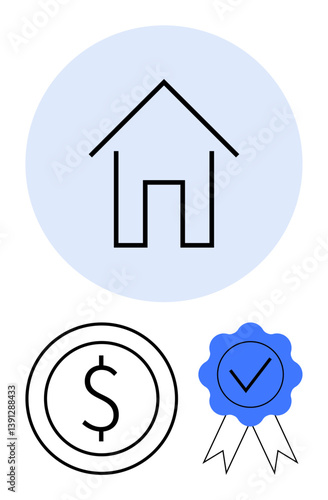 Simple linear house outline, dollar sign in circle, and blue certified badge with a check mark. Ideal for real estate, investment, financial planning, home loans, property security, certifications