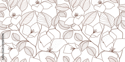 Hand drawn magnolia flower line pattern seamless background vector. Natural botanical elegant flower with branch, leaves. Illustration for package, wall decor, wallpaper, cover, banner, card.