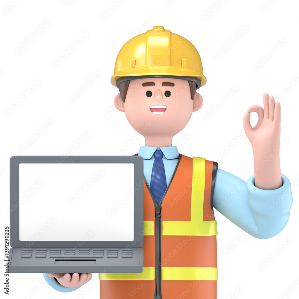 3D illustration of male engineer Owen with ok gesture showing business charts at screen laptop computer.Transparent Background Mockup.Supports PNG files with transparent backgrounds. 3D illustration of male engineer Owen with ok gesture showing business charts at screen laptop computer.Transparent Background Mockup.Supports PNG files with transparent backgrounds.