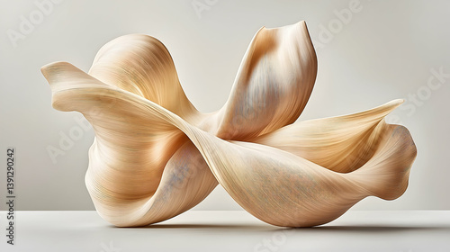 An abstract sculpture displaying intertwined curves in a neutral tone