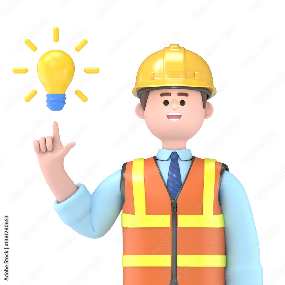 3D illustration of male engineer Owen pointing finger at light bulb generating new ideas.Transparent Background Mockup.Supports PNG files with transparent backgrounds. 3D illustration of male engineer Owen pointing finger at light bulb generating new ideas.Transparent Background Mockup.Supports PNG files with transparent backgrounds.
