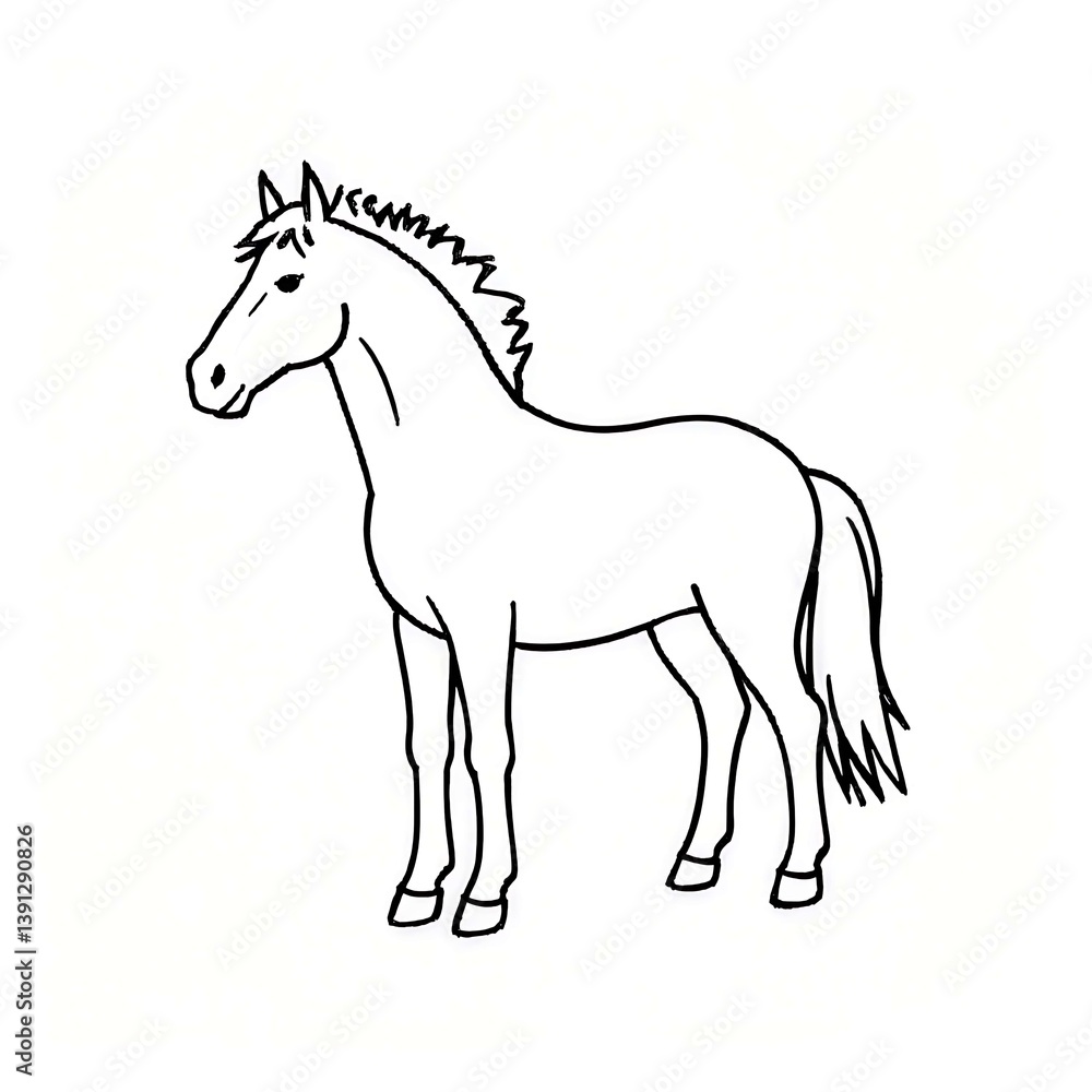 Horse drawing with black and white line illustration, great for equestrianthemed designs, tshirts, logos, and childrens coloring books. Horse drawing with black and white line illustration, great for equestrianthemed designs, tshirts, logos, and childrens coloring books.