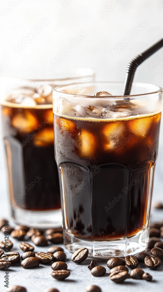 Iced coffee in glass cups with coffee beans scattered around. Refreshing Iced coffee in glass cups with coffee beans scattered around. Refreshing