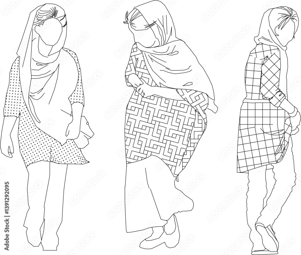 Fototapeta premium silhouette design vector illustration sketch of fashion woman wearing hijab wearing headscarf 