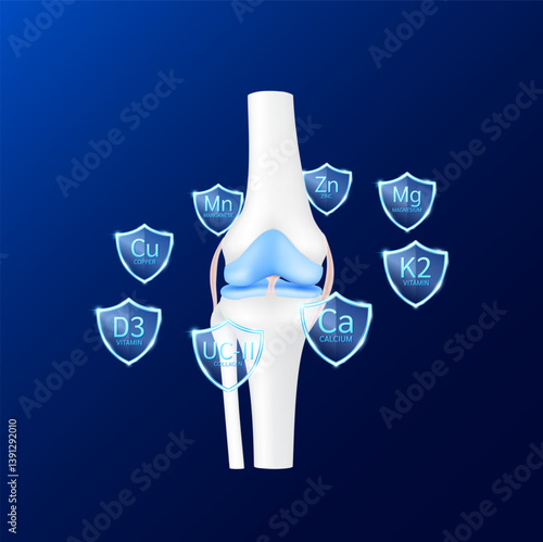 Leg knee joint front surrounded by transparent glass shield vitamin K2 and minerals calcium magnesium zinc on blu background.  Protect osteoarthritis and arthritis bone cartilage. Vector EPS10.