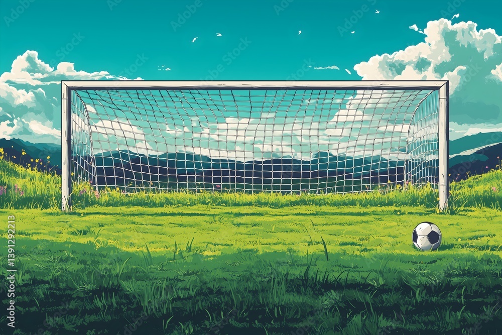 Fototapeta premium Vector art representing a detailed sports goalpost in a lush green field under a bright blue sky