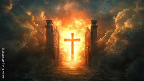 Heavenly gates opening with a glowing cross in the center, divine light bursting through, symbolic of salvation and eternity, high-definition fantasy Christian composition