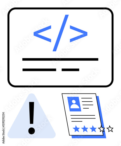Code snippet in focus, triangular warning sign, and profile with star ratings symbolizing coding, error detection, skill evaluation, and user interface review. Ideal for technology, software