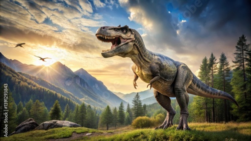 A Tyrannosaurus Rex stands alone in a vast