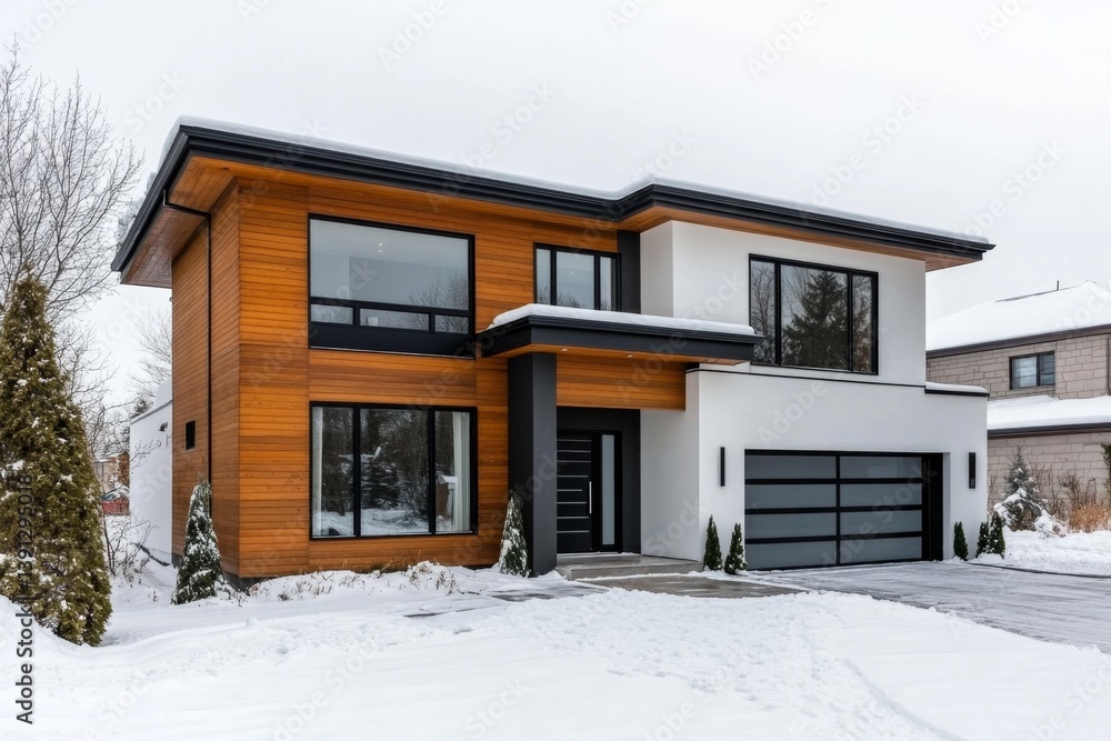 Modern residential home exterior in winter Modern residential home exterior in winter