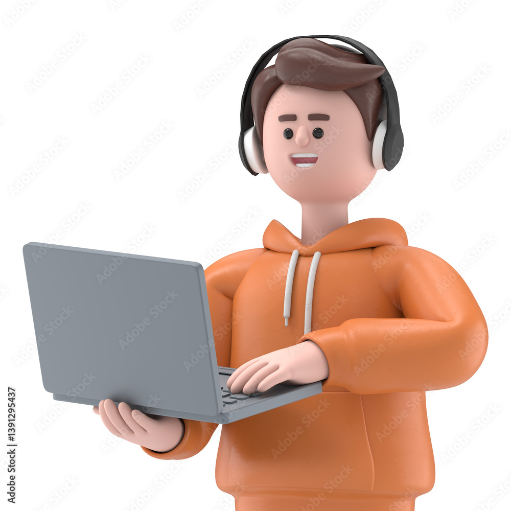 3D illustration of standing happy male guy Qadir holding laptop. Portraits of cartoon characters using computer. Mockup.Supports PNG files with transparent backgrounds. 3D illustration of standing happy male guy Qadir holding laptop. Portraits of cartoon characters using computer. Mockup.Supports PNG files with transparent backgrounds.