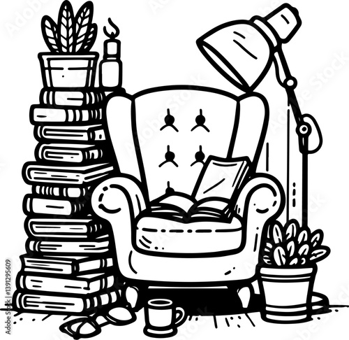 Book Lover’s. Coloring Book Page. Cartoon Illustration.