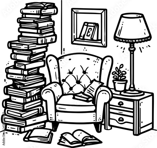 Book Lover’s. Coloring Book Page. Cartoon Illustration.