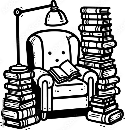 Book Lover’s. Coloring Book Page. Cartoon Illustration.