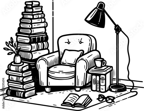 Book Lover’s. Coloring Book Page. Cartoon Illustration.